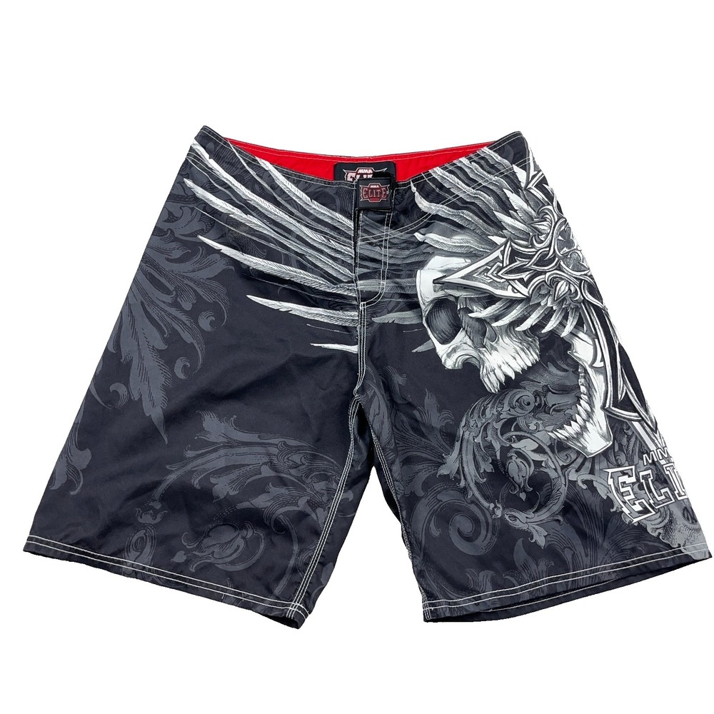 MMA Elite Board Shorts Men Large Black Swim Trunks Skull Wings AOP Y2K Adult